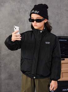 SHEIN Tween Girl Letter Patched Detail Drop Shoulder Padded Coat - Black - View 3