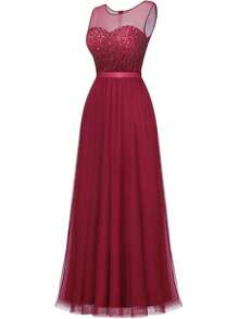 Contrast Sequin Mesh Bridesmaid Dress - Burgundy - View 3