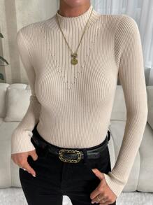 SHEIN Clasi 高领罗纹针织毛衣，长袖套头针织衫，秋冬毛衣 - 杏色 - 查看 3