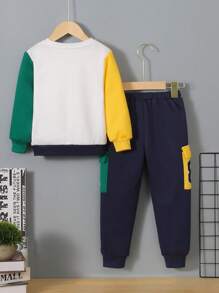 SHEIN Young Boy Letter Graphic Colorblock Sweatshirt & Sweatpants - Multicolor - View 2