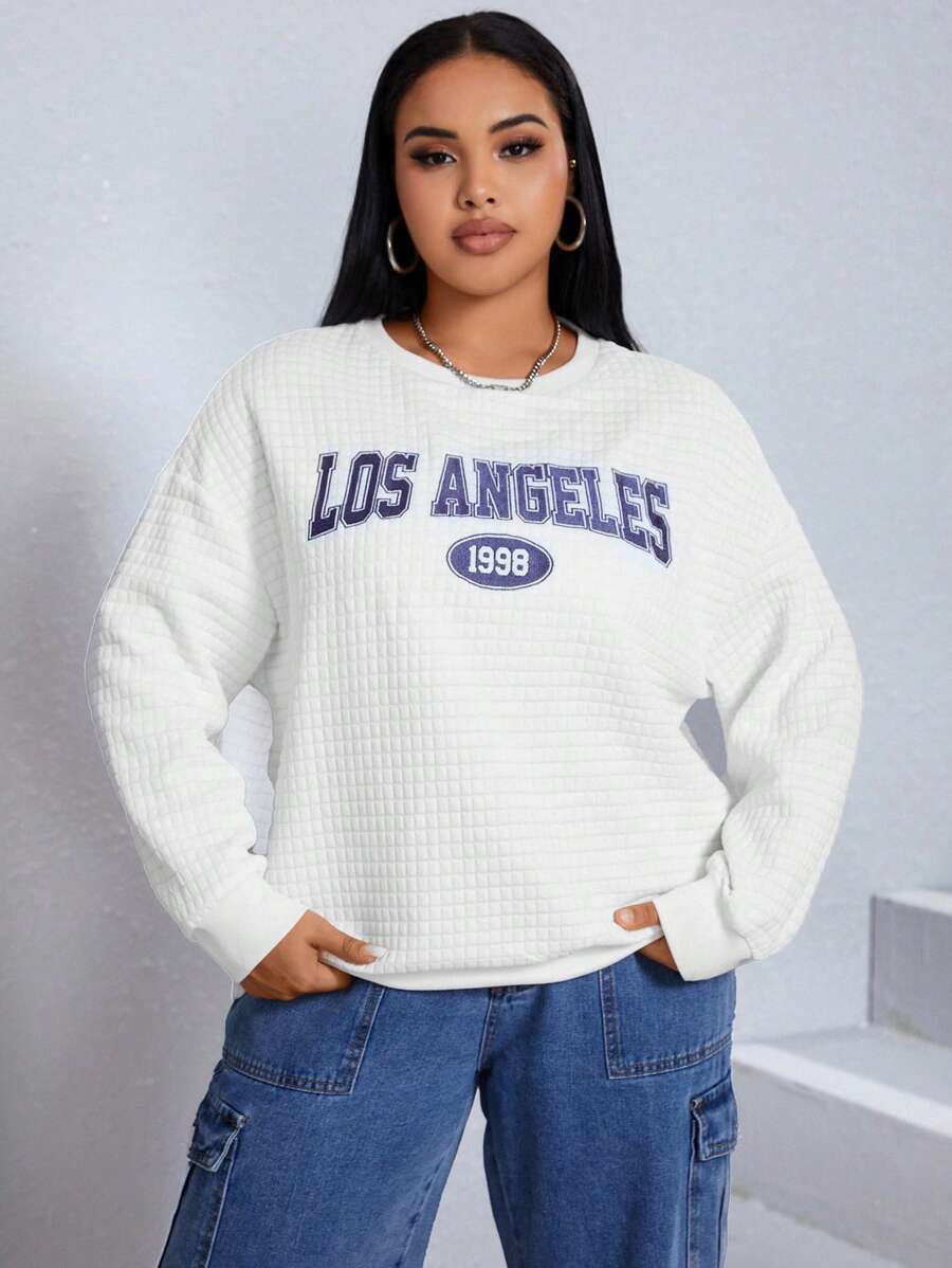 SHEIN EZwear 大碼字母圖案落肩運動衫 - 白色 - 查看 1