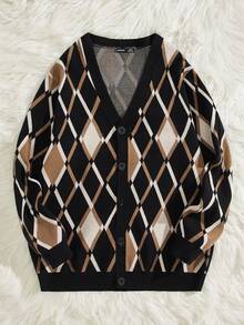 GENTILAND Áo Cardigan cài nút họa tiết Argyle rộng rãi cho nam - Nhiều màu - Xem 5