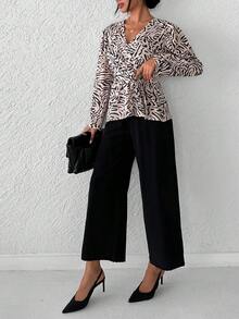 EURMUSE Allover Print Knot Front Wrap Detail Peplum Blouse - Beige - View 5