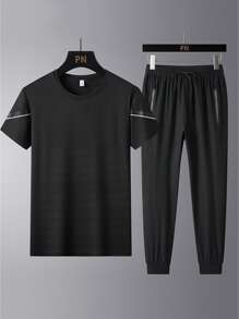 Men Contrast Tape Tee & Drawstring Waist Sweatpants - Black - View 1