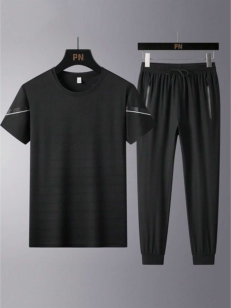 Men Contrast Tape Tee & Drawstring Waist Sweatpants - Black - View 1