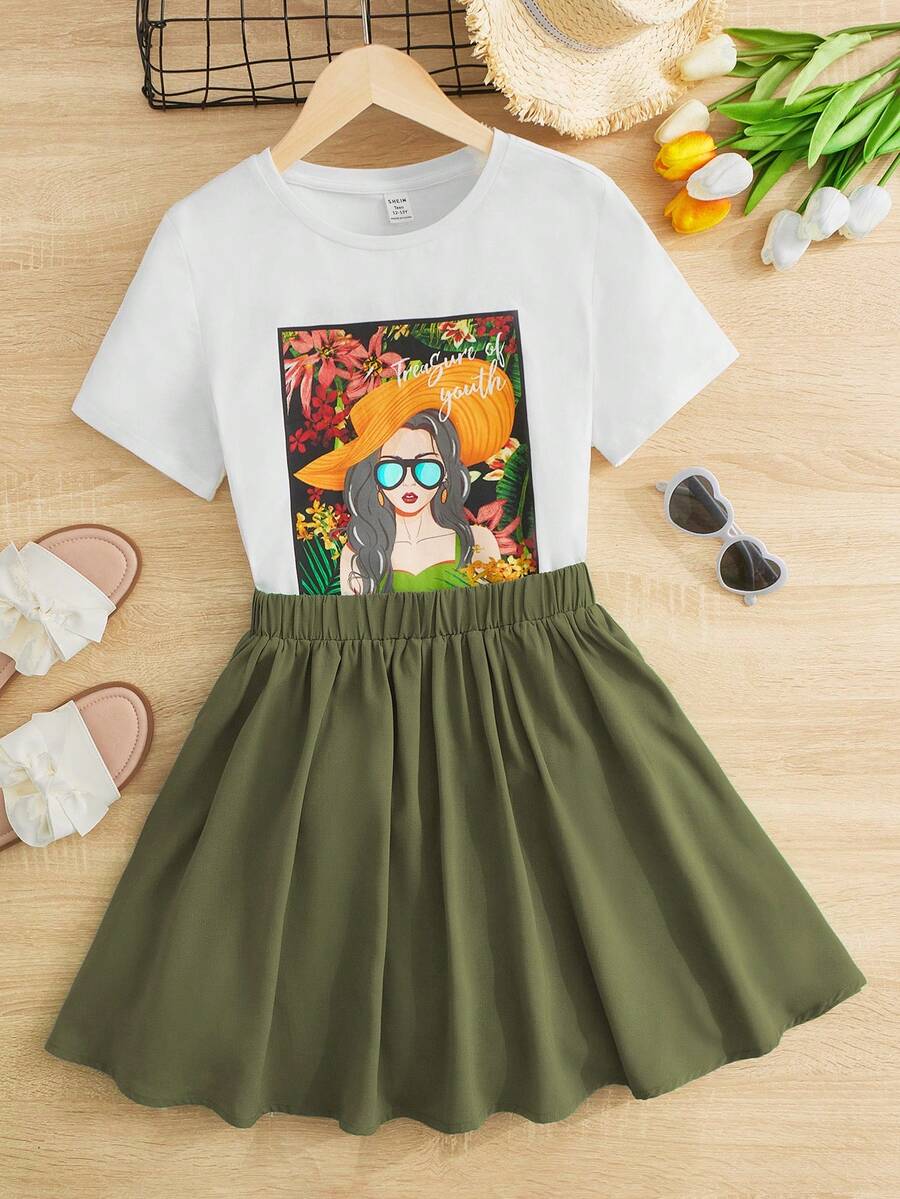 SHEIN Teen Girl Figure Graphic Tee & Flare Skirt - Army Green - View 1