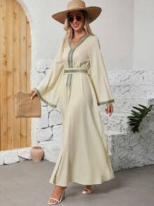 Geo Tape Flare Sleeve Dress - Apricot - View 6