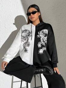 SHEIN EZwear 加大码中国龙印花双色落肩抽绳卫衣 - 黑與白 - 查看 1