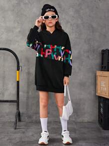 SHEIN Áo nỉ dài tay rộng rãi dành cho bé gái tuổi teen, in chữ nhiều màu sắc. - màu đen - Xem 2