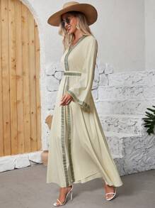 Geo Tape Flare Sleeve Dress - Apricot - View 3