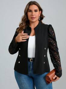 Chikora 大碼蕾絲拼接紐扣細節夾克不附吊帶上衣 - 黑色 - 查看 4