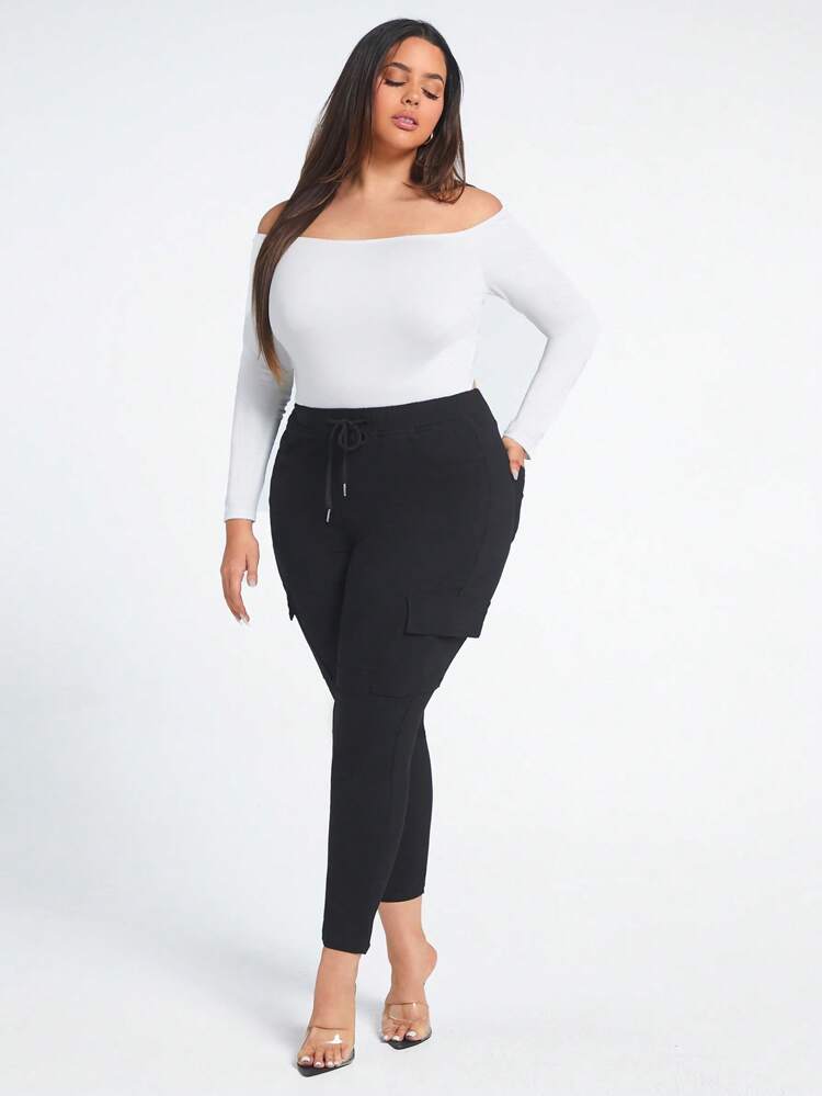 Plus Drawstring Waist Flap Pocket Side Cargo Pants