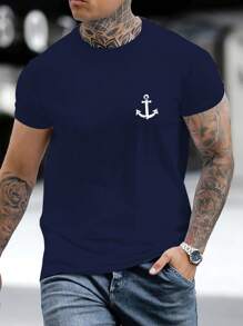 Manfinity Homme Hombres Camiseta con estampado de ancla - Azul Marino - Ver 1