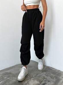 EURMUSE Solid Drawstring Waist & Hem Pants - Black - View 6