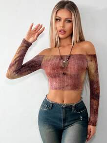 SHEIN ICON Hippie Off Shoulder Crop Top - Multicolor - View 5