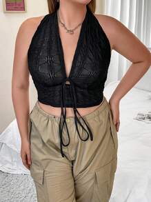 Flirla Hơn Mặt trước dây rút Áo Crop Halter - màu đen - Xem 3