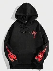 ROMWE MEN Goth 男士火和字母圖案抽繩加絨內裏連帽衫 - 黑色 - 查看 2