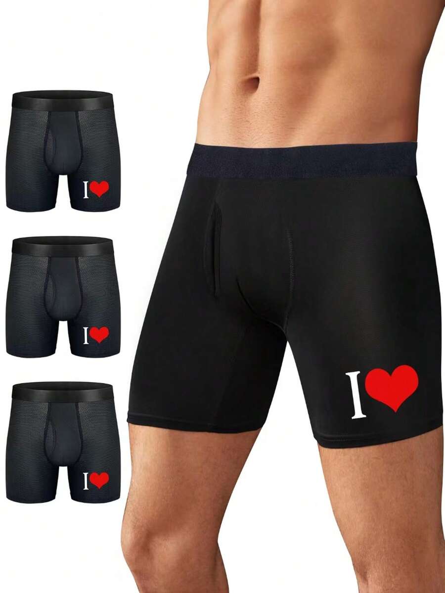 男士3入組愛心圖案平角內褲 - 黑色 - 查看 1