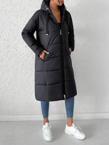 RueChic Zip Up Drawstring Hooded Puffer Coat - Black - View 5