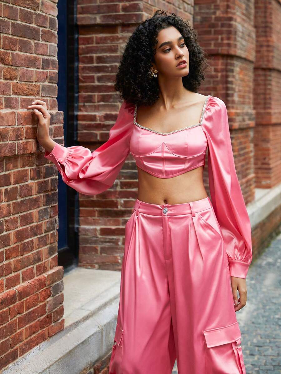 Becci Designer Sweetheart Neck Lantern Sleeve Crop Satin Blouse, For Holiday