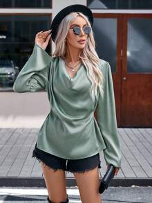 SHEIN Clasi cổ áo xếp nếp Chất rắn Áo sơ mi - Màu xanh Bạc hà - Xem 5