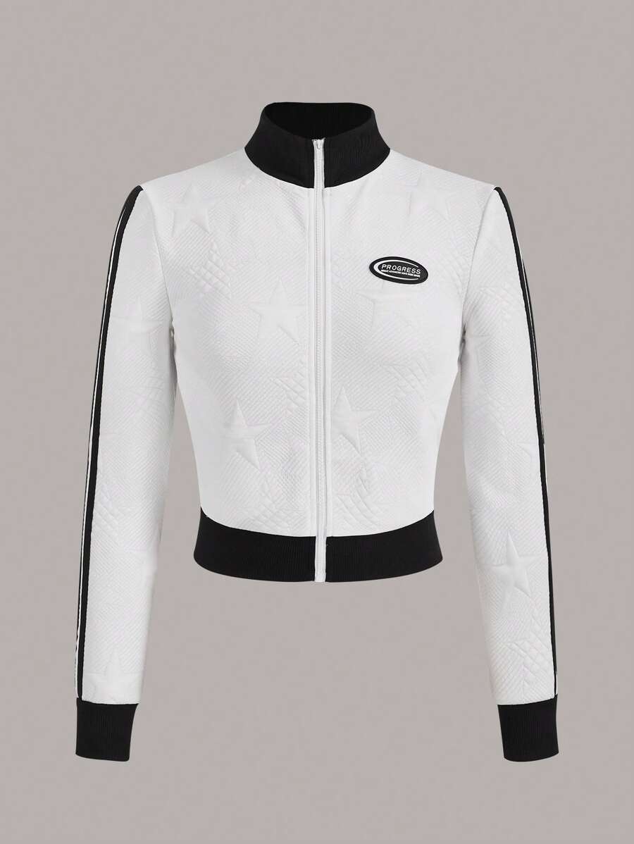 SHEIN EZwear Thư được vá Sọc Zip bên Áo khoác - trắng - Xem 1