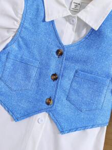 SHEIN Young Girl Puff Sleeve Shirt & Button Front Vest - Multicolor - View 8