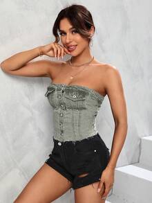 SHEIN Unity Top en mezclilla con bolsillo con solapa con botón delantero tubo - Verde Oliva - Ver 4