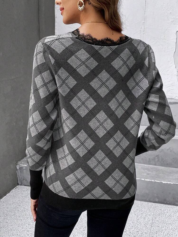 Plaid Pattern Eyelash Lace Trim Sweater