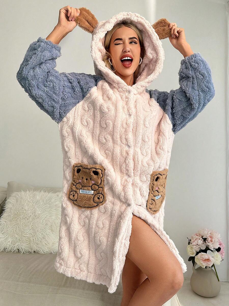 Cartoon Embroidery Raglan Sleeve 3D Ear Design Hooded Sleep Robe - Multicolor - View 1