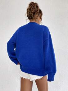 SHEIN Unity Women's Loose Casual Solid Color Round Neck Drop Shoulder Long Sleeve Sweater, Autumn/Winter - Royal Blue - View 2