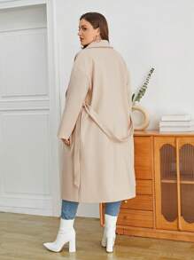 SHEIN Privé Plus Shawl Collar Belted Overcoat - Beige - View 2