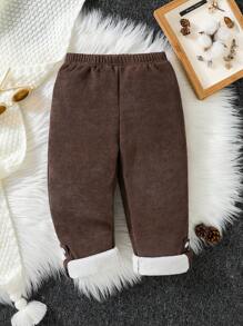 Baby Girl Button Detail Thermal Pants - Coffee Brown - View 1