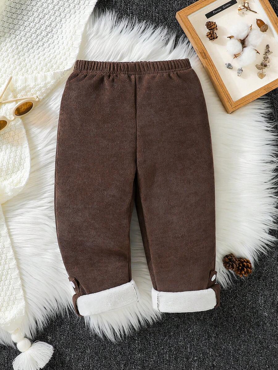 Baby Girl Button Detail Thermal Pants - Coffee Brown - View 1