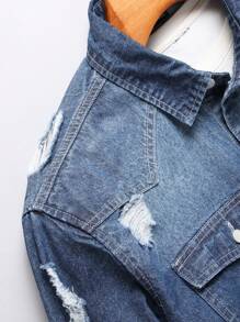 Manfinity Homme Men Ripped Frayed Raw Hem Denim Shirt Without Tee, Oversize Long Sleeve Button Up Blue  Rapper Denim Shirt - Medium Wash - View 5