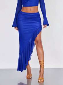 SHEIN BAE Asymmetrical Ruched Ruffle Hem Skirt - Royal Blue - View 3