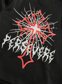 ROMWE MEN Goth 男士火和字母圖案抽繩加絨內裏連帽衫 - 黑色 - 查看 3