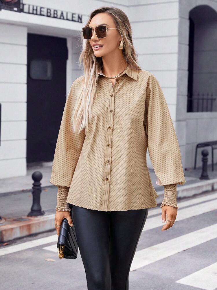 Striped Print Button Front Bishop Sleeve Shirt