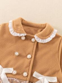 SHEIN Young Girl Contrast Lace Bow Front Coat - Khaki - View 4