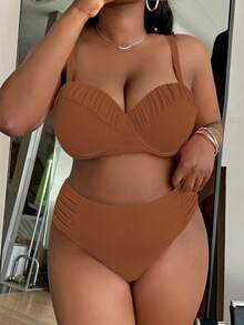 SHEIN Swim Curve Plus rozmiar marszczony biustonosz push-up i dół od bikini z wysokim stanem kostium kąpielowy na letnią plażę