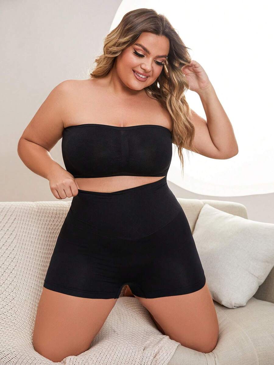 NudeFit Plus Size Black Strapless Tube Top And High Waist Shorts Casual Knitted Outfit Set Comfortable Stretch Plain Design - Black - View 1