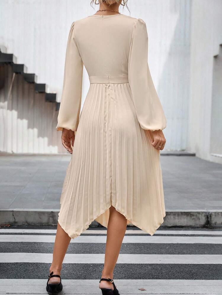 Lantern Sleeve Pleated Hanky Hem Dress