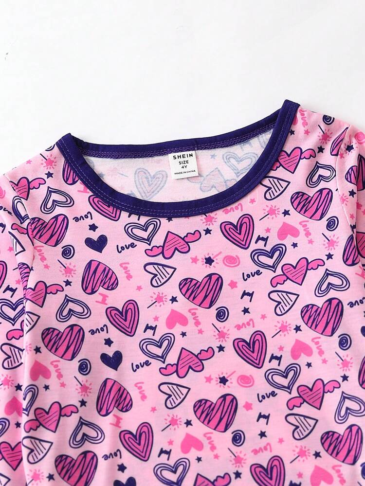 Young Girl Heart Print Contrast Trim PJ Set