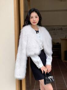 DAZY Solid Open Front Crop Fuzzy Coat Women Jacket,Fall Women Clothes Faux Fur Coat