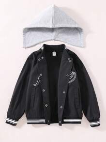 SHEIN Tween Boy Letter Graphic Striped Trim Jacket With Detachable Hood Without Tee - Black - View 1