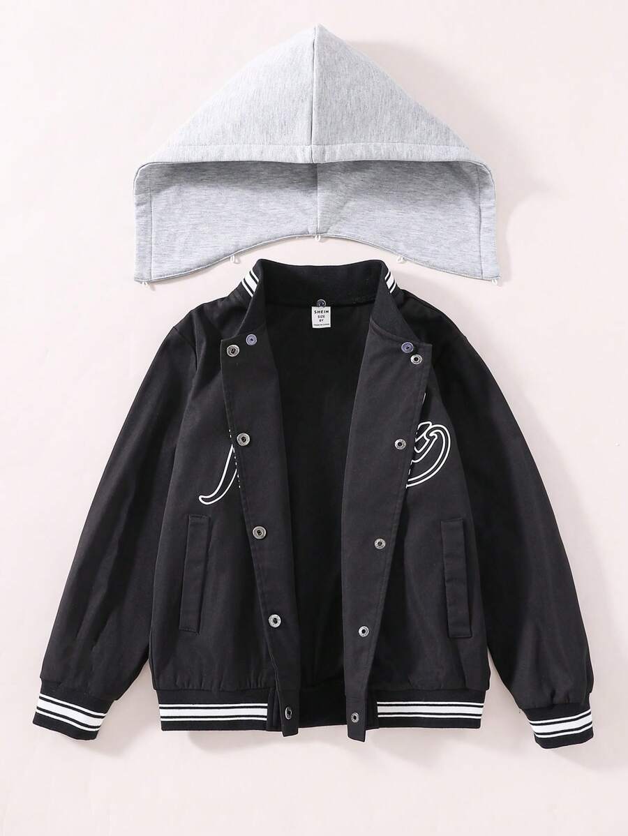 SHEIN Tween Boy Letter Graphic Striped Trim Jacket With Detachable Hood Without Tee - Black - View 1