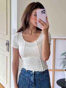 DAZY Lettuce Trim Seam Detail Tee - White - View 7