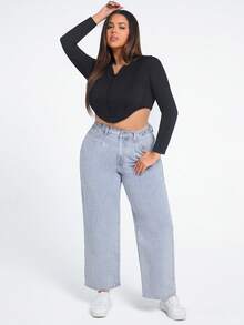 SHEIN EZwear Hơn Chất rắn quần ống rộng Quần jean - Rửa nhẹ - Xem 3