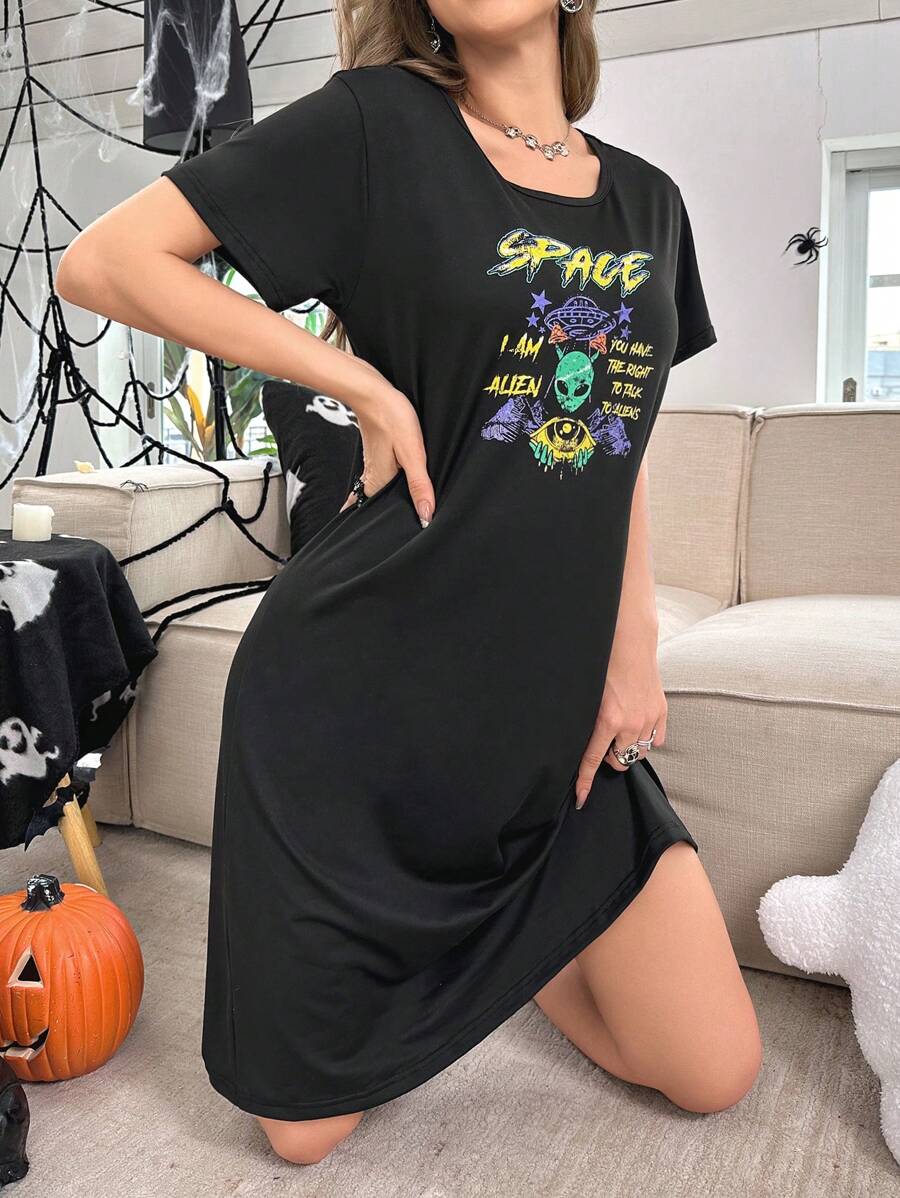 Studio Chunk 艺术家万圣节卡通和口号印花睡裙 - 黑色 - 查看 1