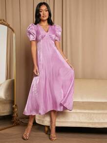 SHEIN Belle 泡泡袖素色連衣裙 - 紫丁香色 - 查看 1